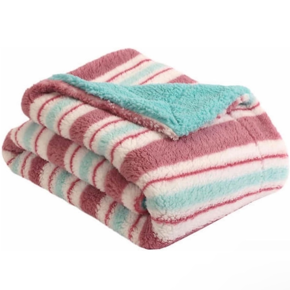 Plush Pink and Blue Striped Throw Blanket